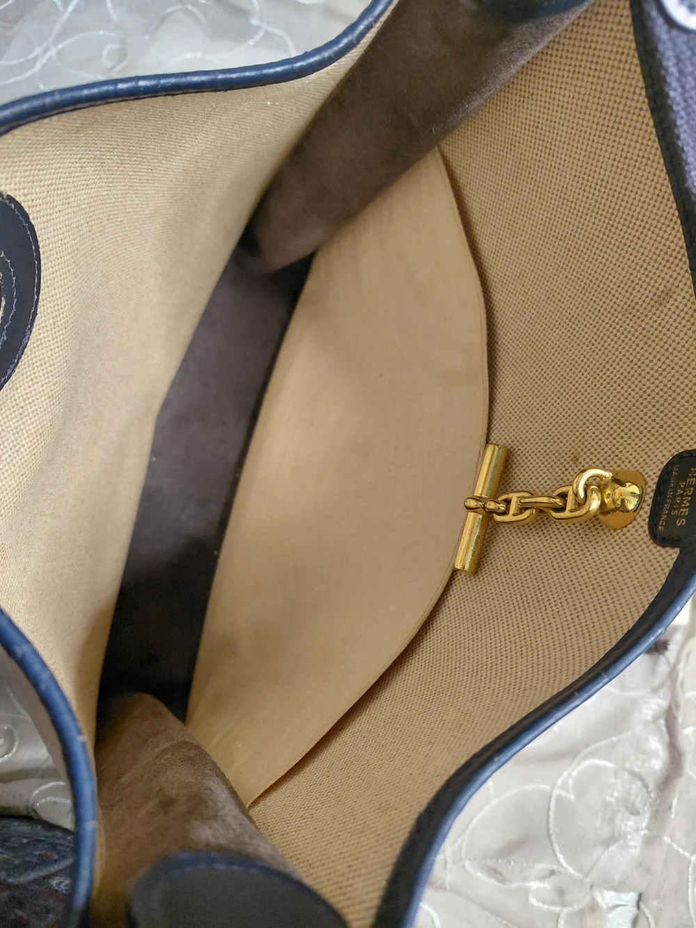 Hermès Vespa PM Toile Canvas & Navy Leather Shoulder Bag